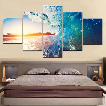 

Canvas Paintings Modular Wall Art Framework 5 Pieces Sunset Glow Beach Sea Waves Poster HD Printed Seascape Pictures Home Decor