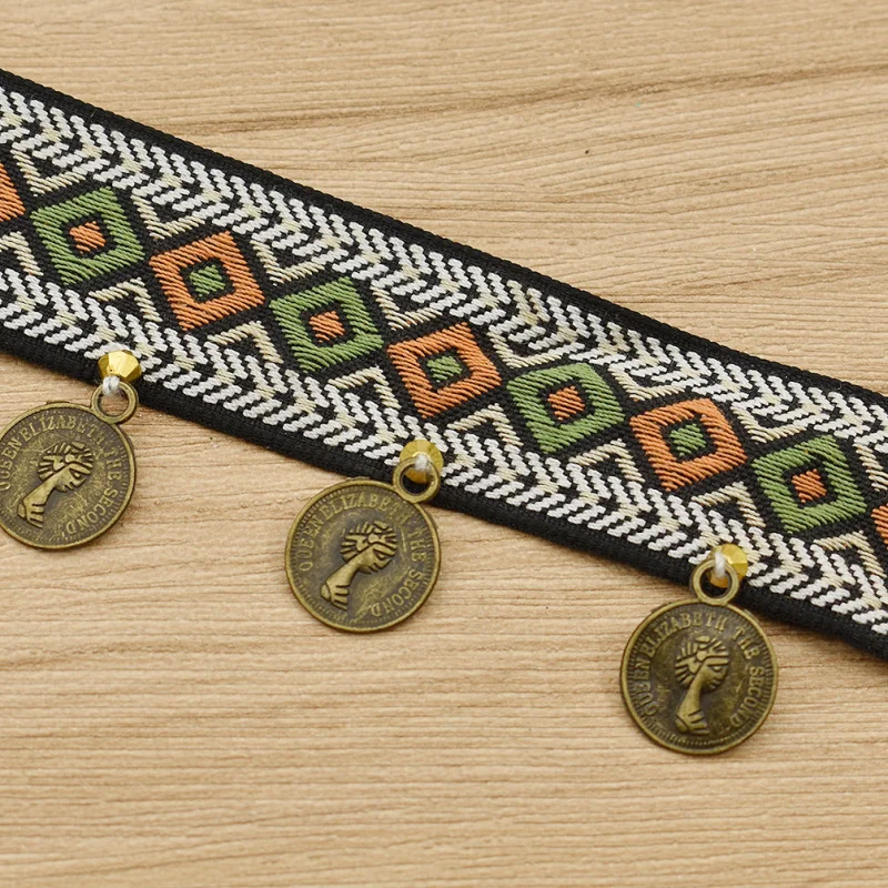 

National Style Tassel Quilting Lace Trim Ribbon With Coins Shape Pendant Strap Ethnic Clothes Sewing Decor Accessories
