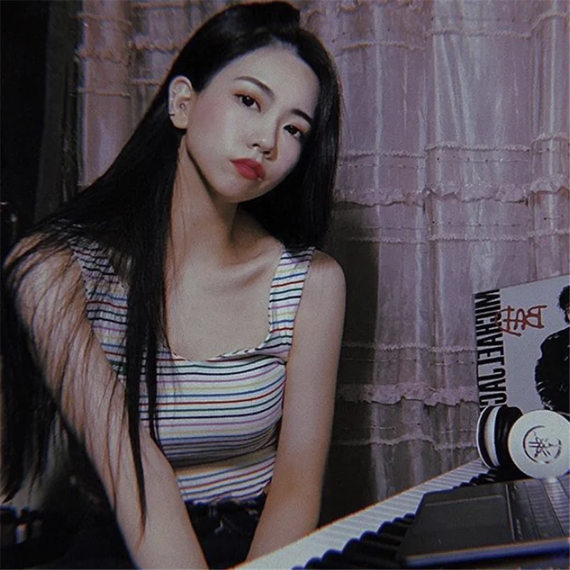 

Sexy yellow green Stripedsummer crop tops sleeveless V neck Bodycon tunic slim t shirt cute vogue tank girl print Korean style