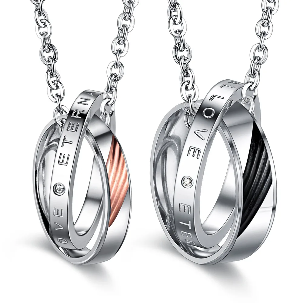 Cute Feather Wing Stainless Steel Couple Necklace Lovers Pendant Double Circle Pendent Inlaid Cubic Zirconia | Украшения и