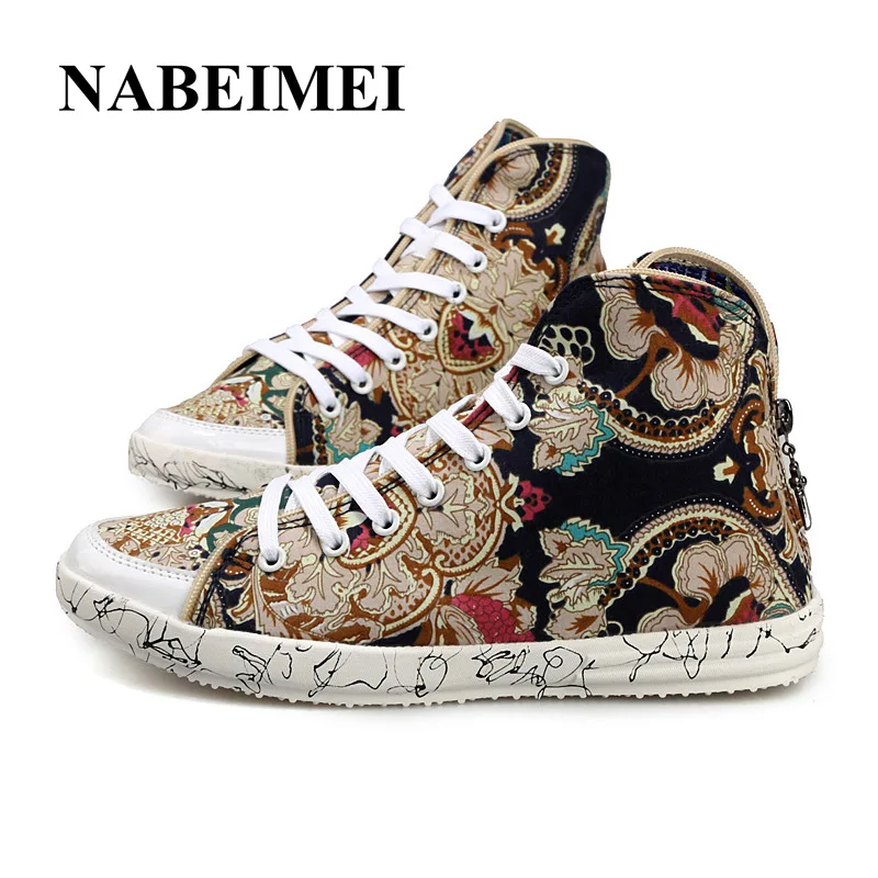 

High top shoes anti-odor canvas shoes zip rubber superstar shoes camouflage chaussure homme totem blue/black shoes men sewing
