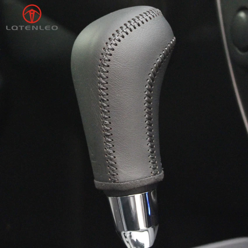 LQTENLEO Black Genuine Leather Hand stitched Gear Shift Knob Cover for