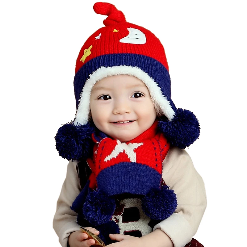 2016 Baby Autumn/Winter New Cartoon Stars Moon Pattern Thickening Warm Baby Cotton Thread Boy Girl Knitting Wool Hat (Hat+scarf)