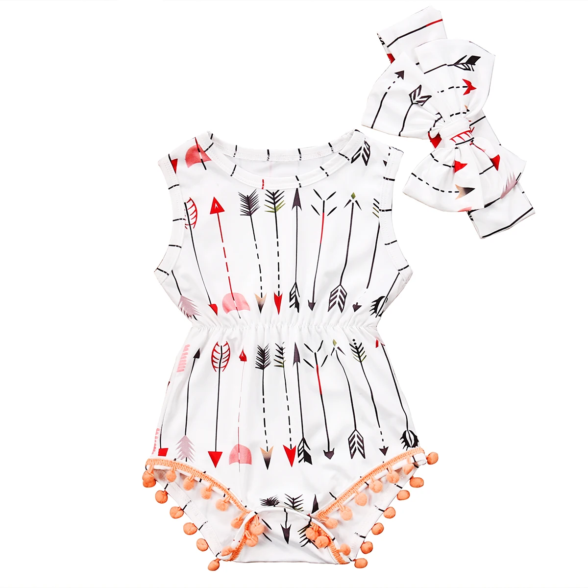 

Newborn Toddler Baby Girls Arrow Printed Romper Headbands Jumpsuit Outfit Clothes 0-24M