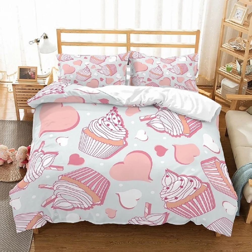 

Pink/White Cupcakes Heart Shapes Printed Bedspread 3 Piece+2 Pillowcase Blue Bedding Duvet Cover Set 100% Microfiber Kid Bed Set