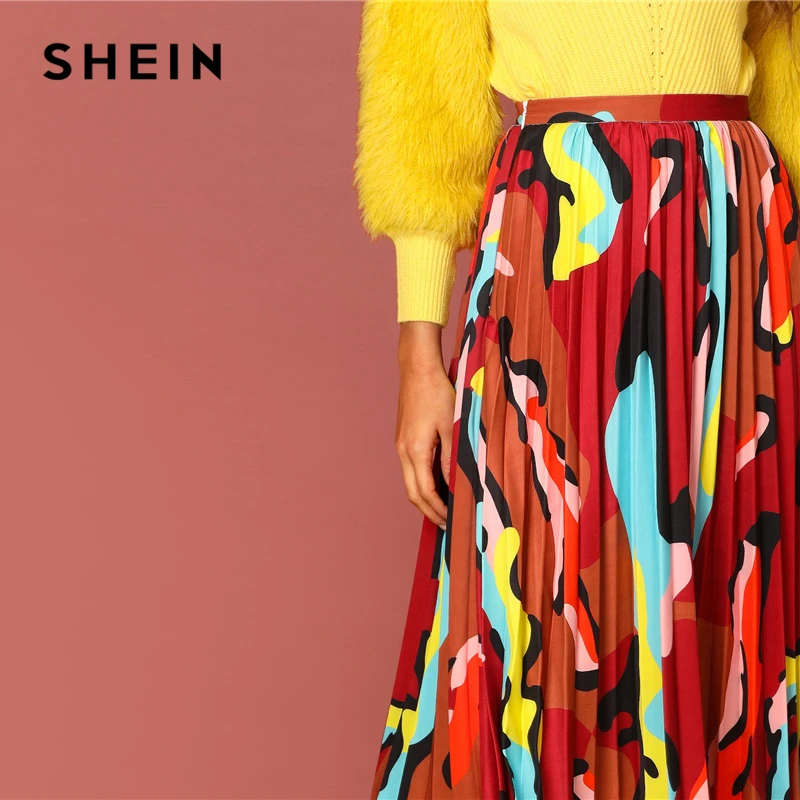 SHEIN, многоцветная плиссированная длинная юбка с графическим принтом и высокой талией, Женская Осенняя коллекция, повседневные цельнокройные юбки