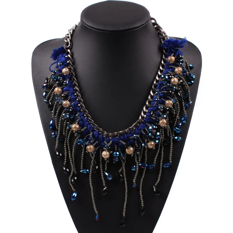 

2019 New Fashion Gold Color Chain Bead Colorful String Braided Statement Chunky Crystal Pendant Necklace For Women Choker