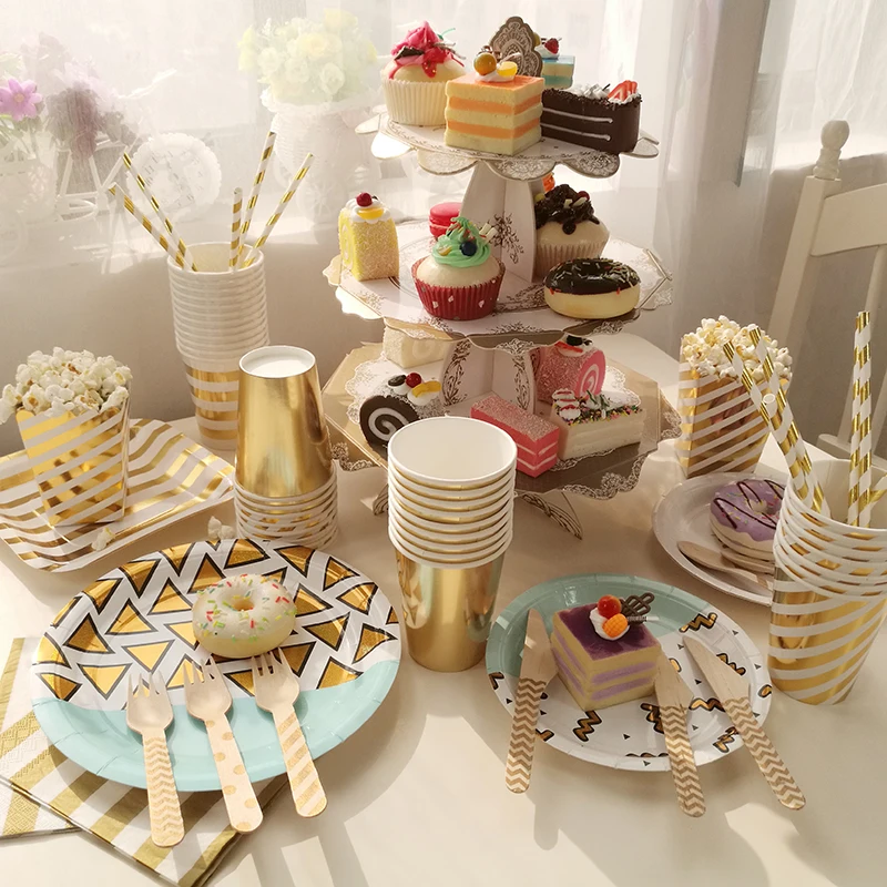 

65pcs/lot Gold Pink Striped Disposable Tableware Party Paper Plates Baby Shower Birthday Party Supplies Paper Cups Tableware