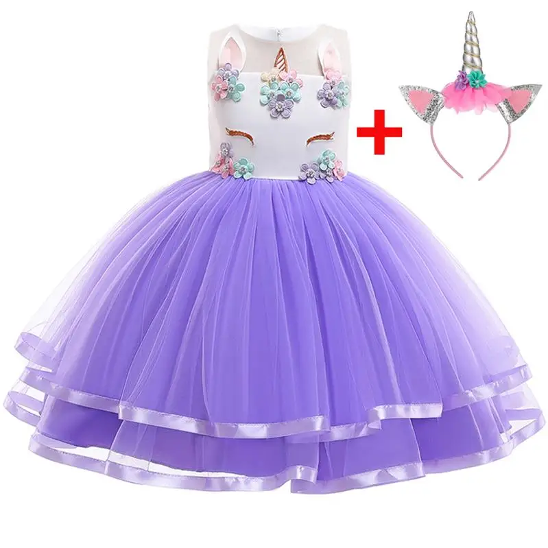 Г. Вечерние платья с единорогом нарядное платье для девочек Летнее бальное платье-пачка с цветами Детские платья платье принцессы на день рождения для детей от 3 до 10 лет, DJS002 - Цвет: purple