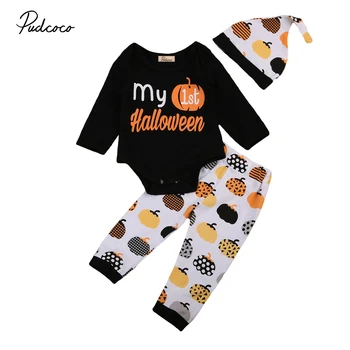

3PCS Infant Baby Boy Girls Clothes Set Halloween Pumpkin Long Sleeve Bodysuit Jumpsuit Printed Pants Outfit With Hat