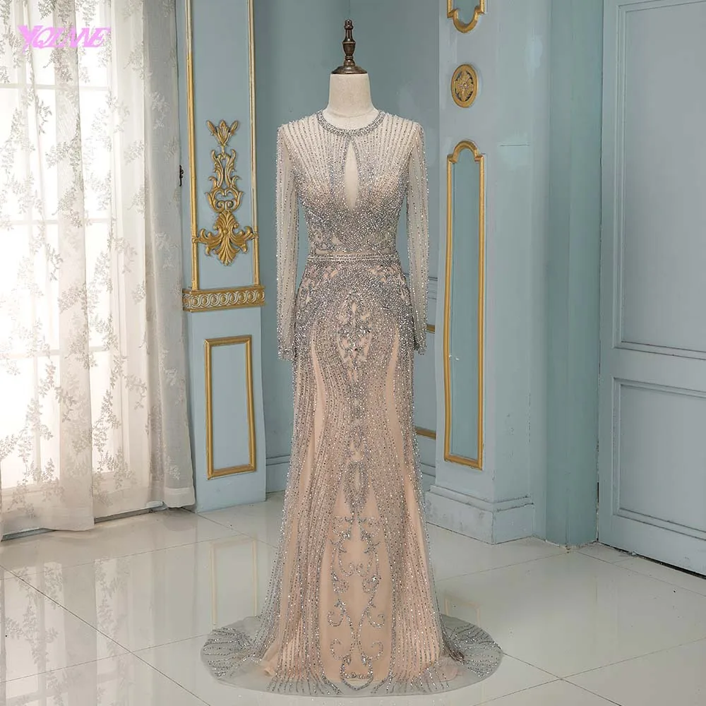 Robe De Soiree 2019 Luxury Silver Rhinestones Full Sleeve Evening Dresses Long Nude Formal Evening Gown Robe De Soiree 2019 Luxury Silver Rhinestones Full Sleeve Evening Dresses Long Nude Formal Evening Gown