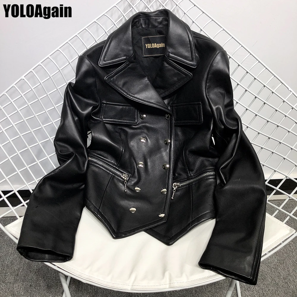 

YOLOAgain Women genuine leather jacket ladies double breasted black real sheepskin jacket