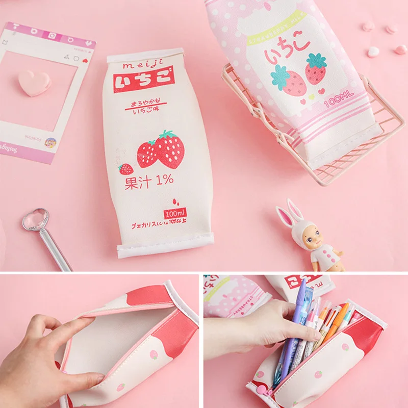 

1Pc Cute Strawberry Pencil Case Kawaii Milk Pencil Bag High Capacity Pencil Box For Kids Girls Pencilcase School Office Supplies