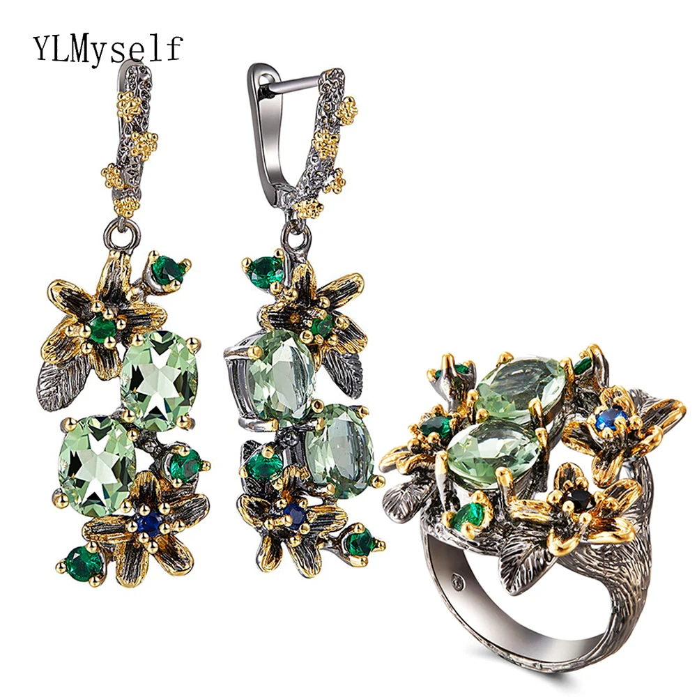 

Beautiful Lt Green Crystal Earrings Ring Jewellery Flower Design Multi Zircon Brass Metal 2pcs Jewelry Sets For Mom Gifts