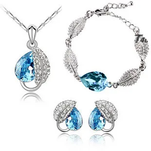 

Hot Promotion Austrian crystal drop pendant necklace female short paragraph jewelry earrings bracelet set - Acacia leaves