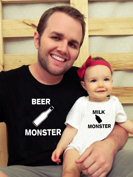 

Beer Monster Milk Monster Matching T-Shirt Dad & Baby Casual Short Sleeve O-neck Letter Print Family Clothes Dad Kids Cute Top