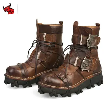 

New Retro Cowhide Genuine Leather Motorcycle Boots Skull Punk Martin Botas Moto Boots Steampunk Mid-calf Shoes Protective Gear