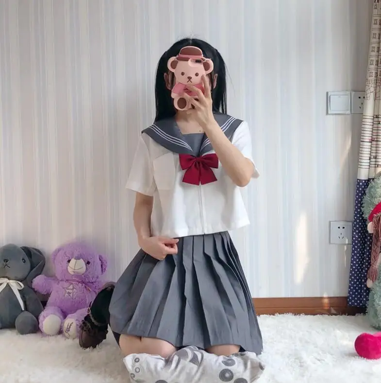 

GREY UNIFORM SUITS WHITE 3 LINES TR Japanese JK Sets School Uniform Girls Sakura Embroideried High School Women Novelty JKL031