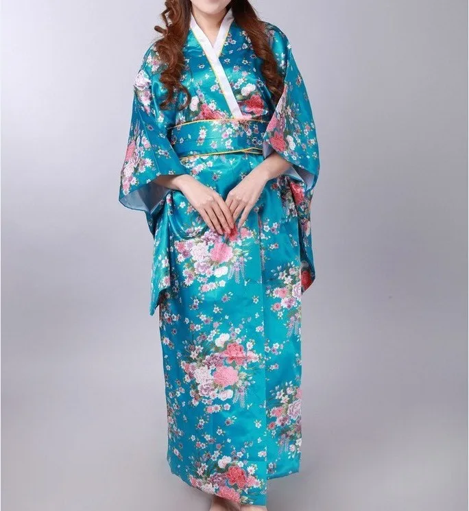 Светло-голубой Лидер продаж Традиционные японские Для женщин кимоно хаори Оби юката из искусственного шелка и Сатина вечернее платье цветок один размер H0047 - Цвет: Light Blue