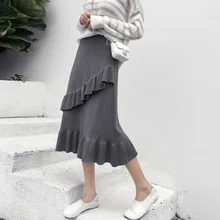 Осенне-зимняя женская трикотажная юбка корейская версия плиссированная Однотонная юбка миди элегантная юбка для стройных, обтягивающее платье Harajuku