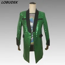 Блестящий зеленый блестящий длинный Костюмный пиджак, тонкие блейзеры для мужчин, певица, сценическая одежда, бар, DJ, мужской костюм, шоу, ведущий, средней длины, пальто