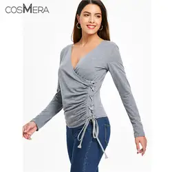 CosMera 2018 Взрывные Модели Slim Fit Criss Cross Ruched Для женщин топы Повседневное шнуровке с длинным рукавом глубоким вырезом Блузки твердые Топы