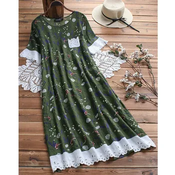 

Plus Size Women's Cotton Linen Lace Dress With Pocket Frauen Fashion Summer Short Sleeves Loose Midi Dresses Ladies Casual Dress