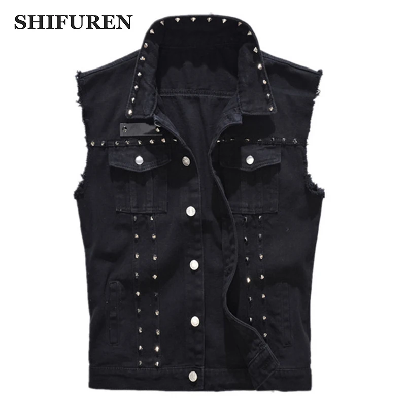 SHIFUREN Denim Vest Men's Punk Rock Style Rivet Cowboy Black Jeans Waistcoat Raw Edge Male Motorcycle Jacket Sleeveless Tanks pants new women autumn vintage wash rough edge straight tube splicing male jeans high street wide leg trousers new