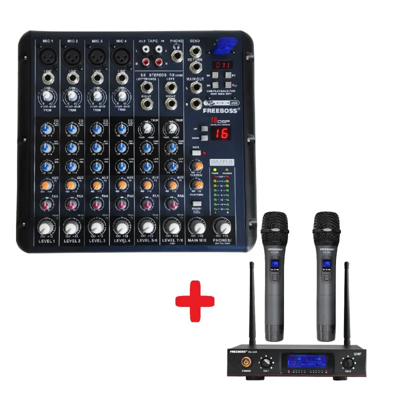 

FREEBOSS KU-22A UHF Handheld Wireless microphone + SMR8 Audio Mixer