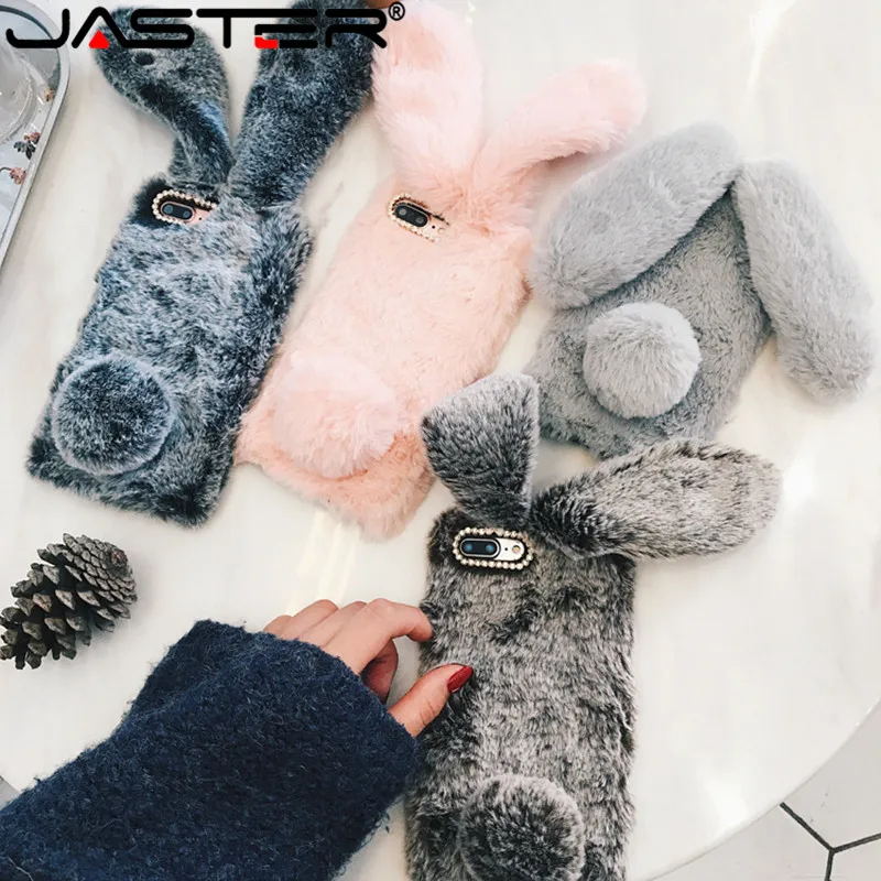 

For iPhone 7 8 Xr phone case 3D Cute Rabbit Hairy Warm Fur Cover for iPhone 5S 6S Xs MAX Bling Rhinestone Plush Bunny For Girls