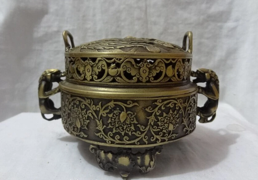 

song voge gem S2496 Tibet Bronze Dragon Phoenix Statue Unicorn Head Flower Incense Burner Censer