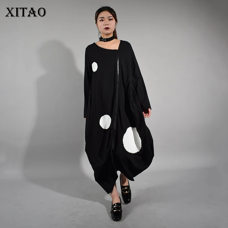 

[XITAO] 2018 Spring New Hong Kong Women Dot Pattern Print Irregular Dress Female Full Sleeve O-Neck Ankle-Length Dress KY708