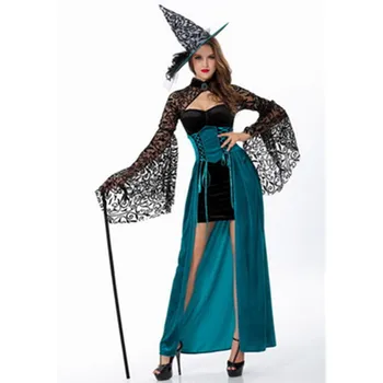 

High Quality Long Dress Sexy Witch Costume Deluxe Adult Womens Magic Moment Costume Adult Witch Halloween Fancy Dress