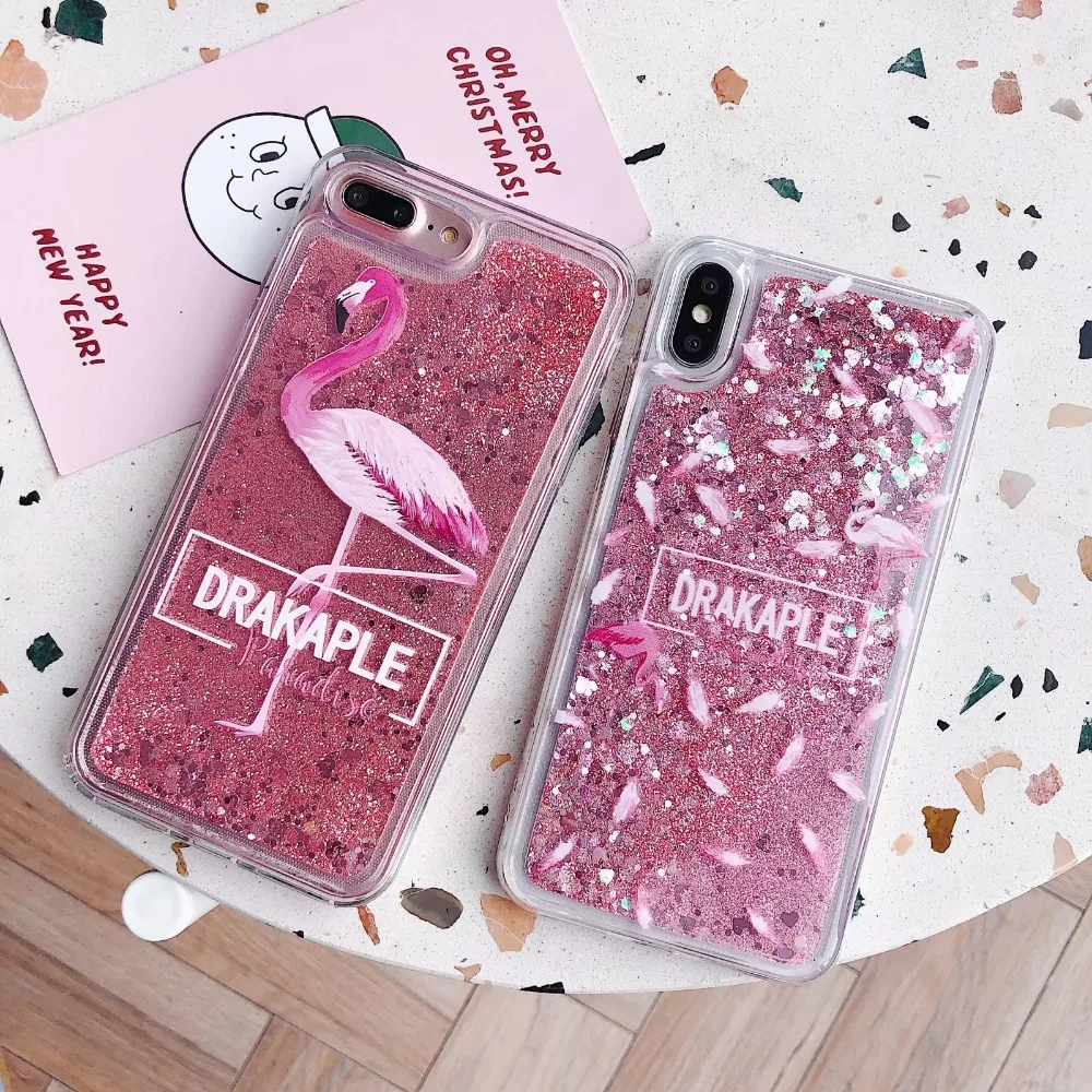 

Flamingo Bling Glitter Liquid Dynamic Clear Soft Case Cover on sfor iPhone X 8 Plus 7 6s XR XS MAX Shiny Quicksand Phone Fundas