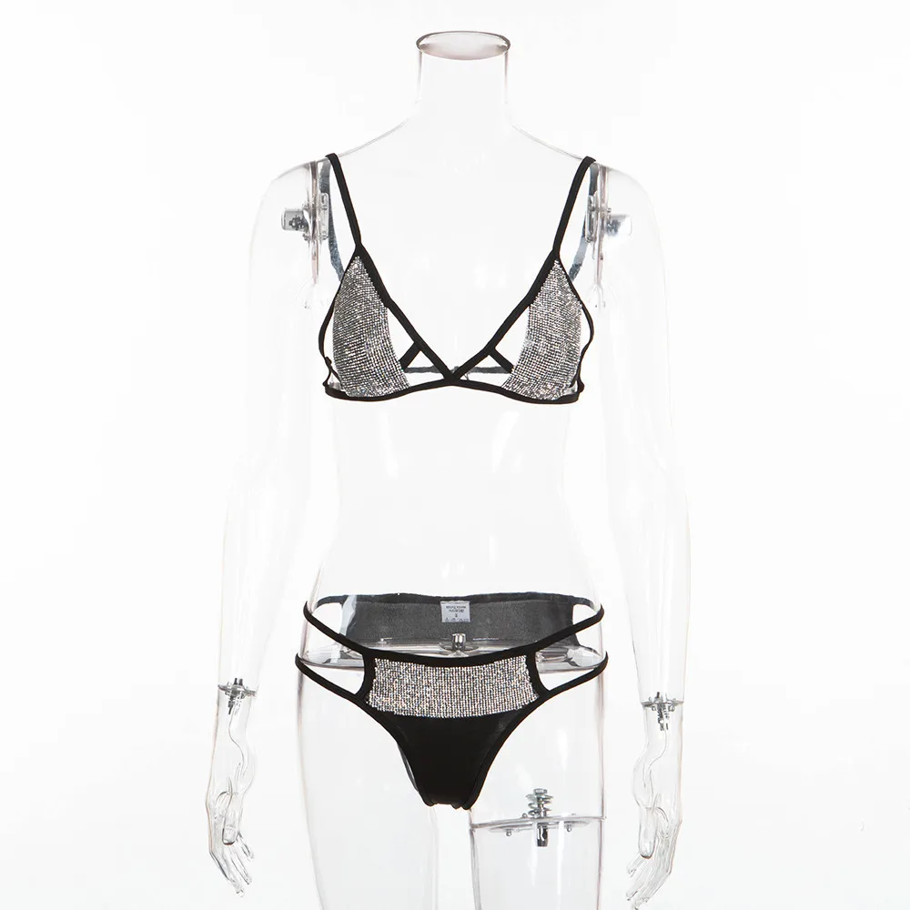 Sexy Lace Up Bikini Bodysuit Women Summer Luxury Metal Chain Bling sequin diamond Night club Party Beach Jumpsuit Overalls 2019