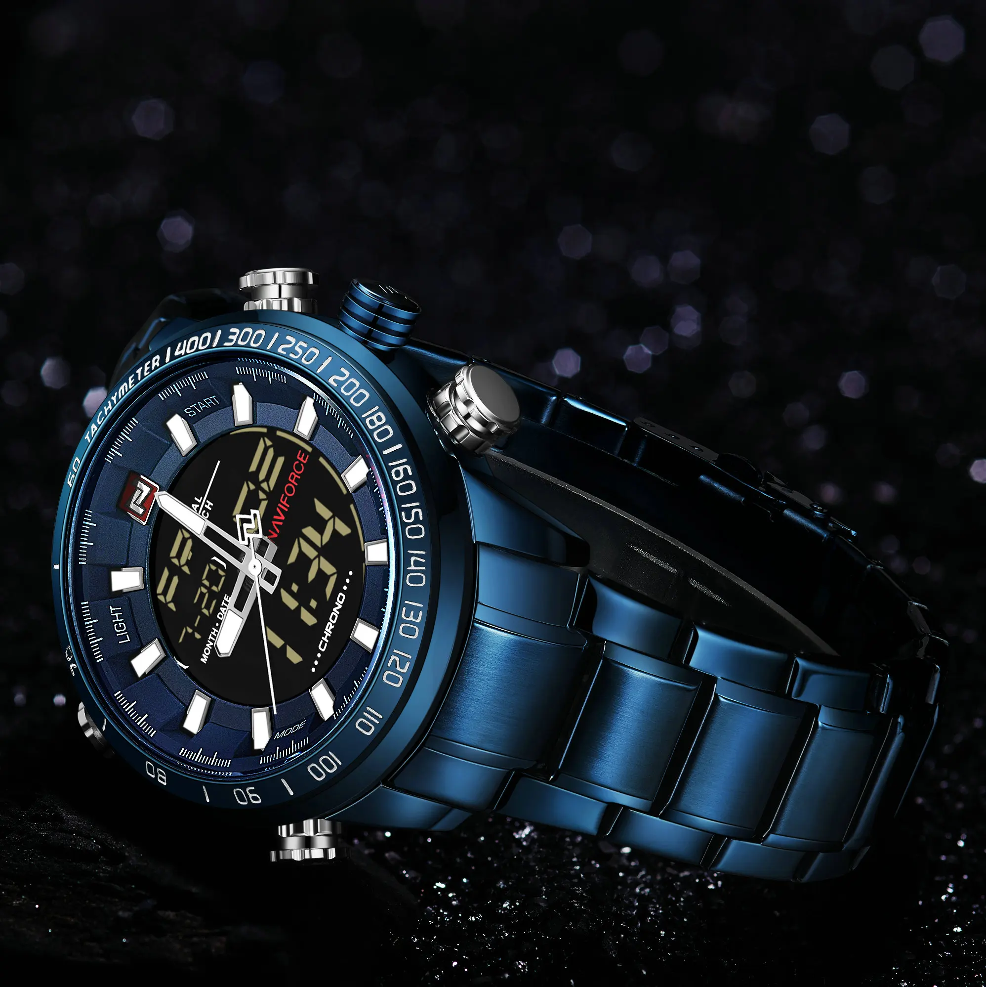 NAVIFORCE Luxury Brand Men Blue Watch 2019 Fashion Quartz Dual Display Watches Stainless Steel Band