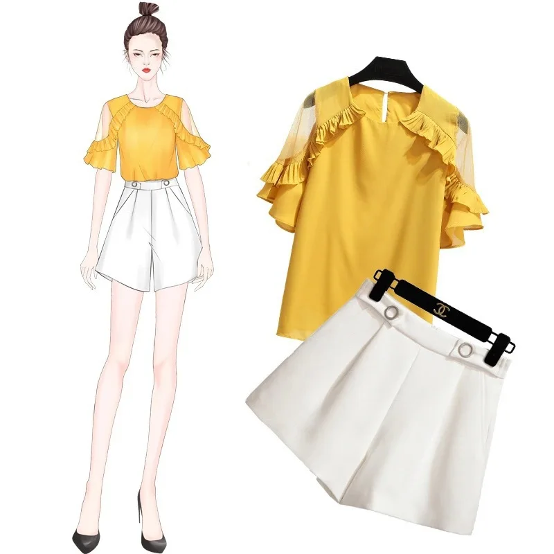 

ICHOIX Women 2 pieces sets Summer Elegant Shorts Set Two pieces Student Chiffon Ruffles Blouse Sets S-XL 2 pieces beach outfits