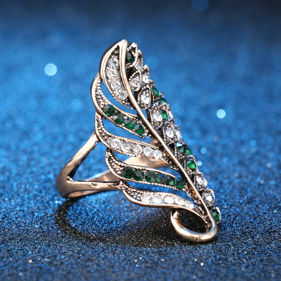 Модные большие зеленые кристаллические кольца для женщин, винтажное античное Золотое кольцо с перьями в виде листьев, богемное ювелирное изделие, подарок