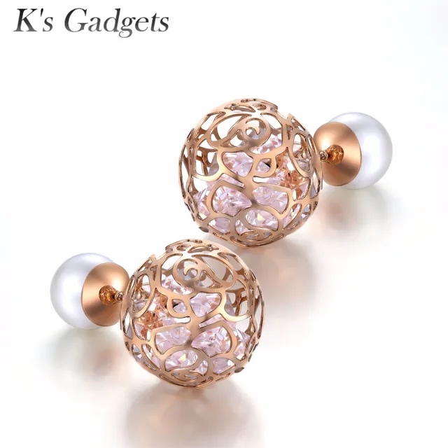 K S Gadgets Double Ball Crystal Earrings Women Channel Earring K S Gadgets Double Ball Crystal Earrings Women Channel Earring Hollow White Zircon Rose Gold Silver Color