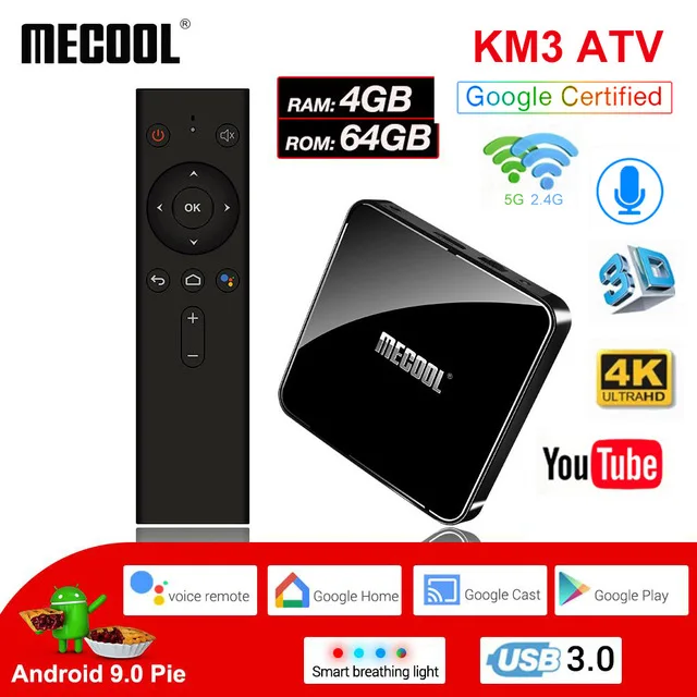 

MECOOL Android 9.0 Smart TV BOX KM3 ATV Amlogic S905X2 Quad core DDR4 4GB 64GB 4K H.265 2.4G 5G Dual Wifi BT USB3.0 Set Top Box