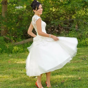 

Short Wedding Dresses A Line White Tulle Vintage Sweetheart Wedding Gown Lace Tea Length Free Shipping Bridal Gowns