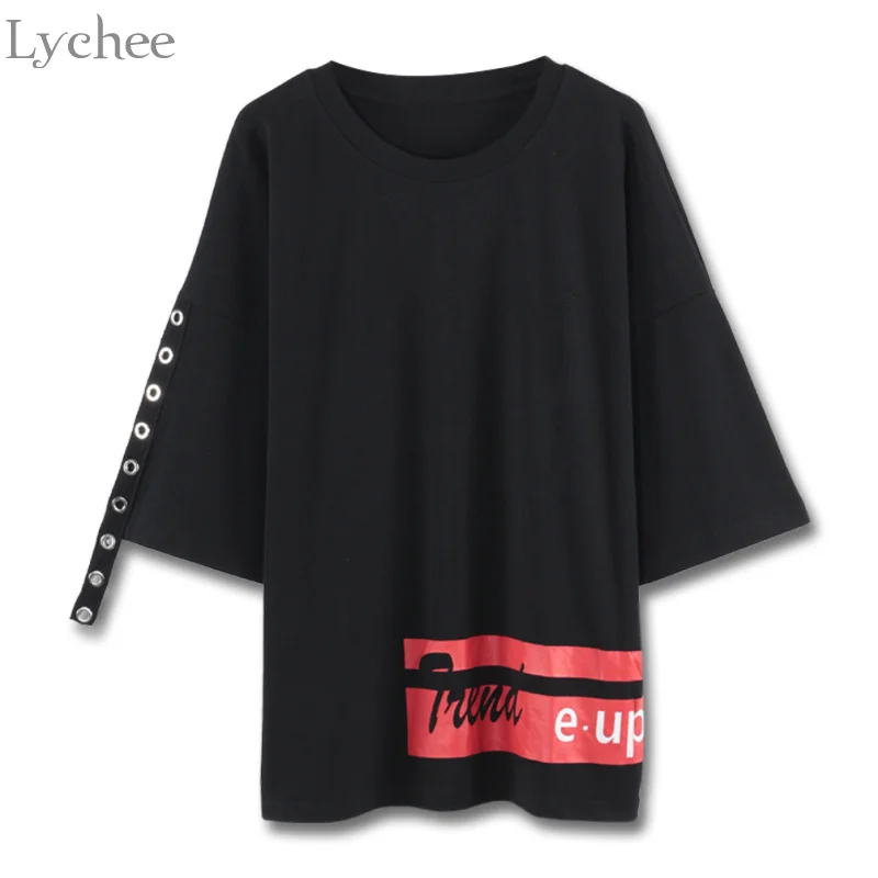 Летняя женская футболка Lychee в стиле хип-хоп, длинная футболка с коротким рукавом и надписью, футболка большого размера с принтом кольца и ленты, уличная одежда
