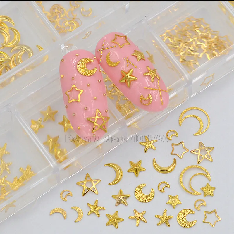 

12 Grids/Set 12 Shape Gold Metal Stars Moon Alloy Nail Art Rhinestones Sequins Slice Decorations DIY Salon Tips