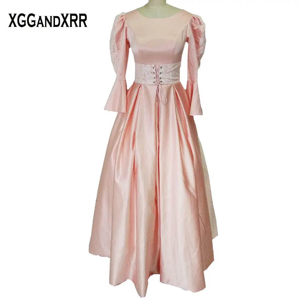 Long Sleeves Light Pink Satin A Line Prom Dresses 2018 Scoop Appliques