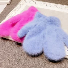 Новое поступление, зимние женские теплые вязаные перчатки из мягкой шерсти с кроличьим мехом, модные милые теплые варежки ярких цветов для девочек