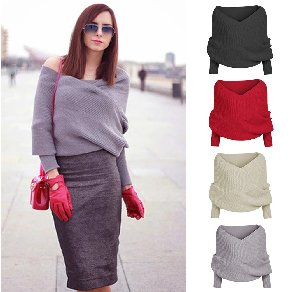 

THEFOUND Fashion Women's Fashion Design Sexy Solid Knit CasualLoose Warm Long Sleeved Sweater