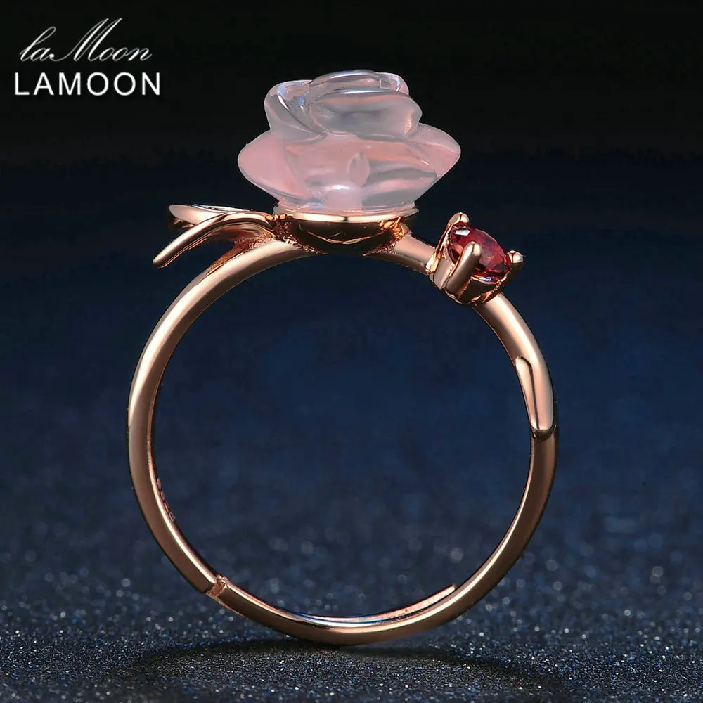 925 пробы, серебряное кольцо для женщин, розовый кварц, драгоценный камень, цветок розы, 18 К, розовое золото, регулируемое кольцо, ювелирное изделие LMRI025