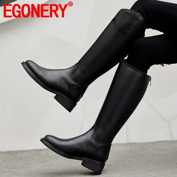 

EGONERY knee-high boots cow leather retro high-top Height increasing boots autumn winter Military boots casual women shoes