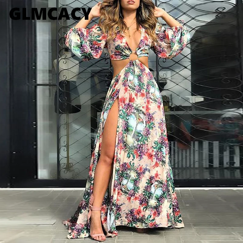 

Women Summer Fall Floral Print Cutout Thigh Slit Maxi Dress Holiday Vocation Boho Beach Long Dress Sexy Backless Party Vestidos