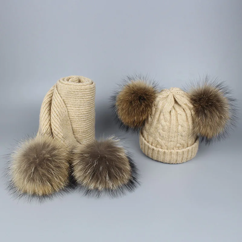 Женские шапки-бини с помпоном и набор шарфов для детей, для мальчиков и девочек, Осень-зима, с помпоном из меха енота, шерстяные вязаные шапки Skullies, шапки Bones - Цвет: T